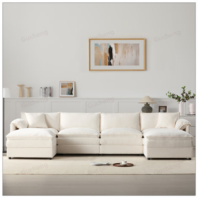 136inch Chenille Modular Sectional Sofa with Deep and Wide Seat, U Shaped Cloud Couch Set with Double Cushions, 6 Seat Sofa with Movable Ottomans, Oversized Indoor Furniture for Living Room