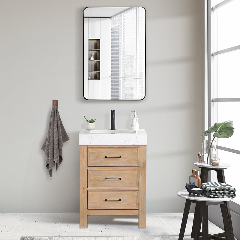 Leon 24'' Single Bathroom Vanity with Engineered Marble Top, Brown, White, Matte Black