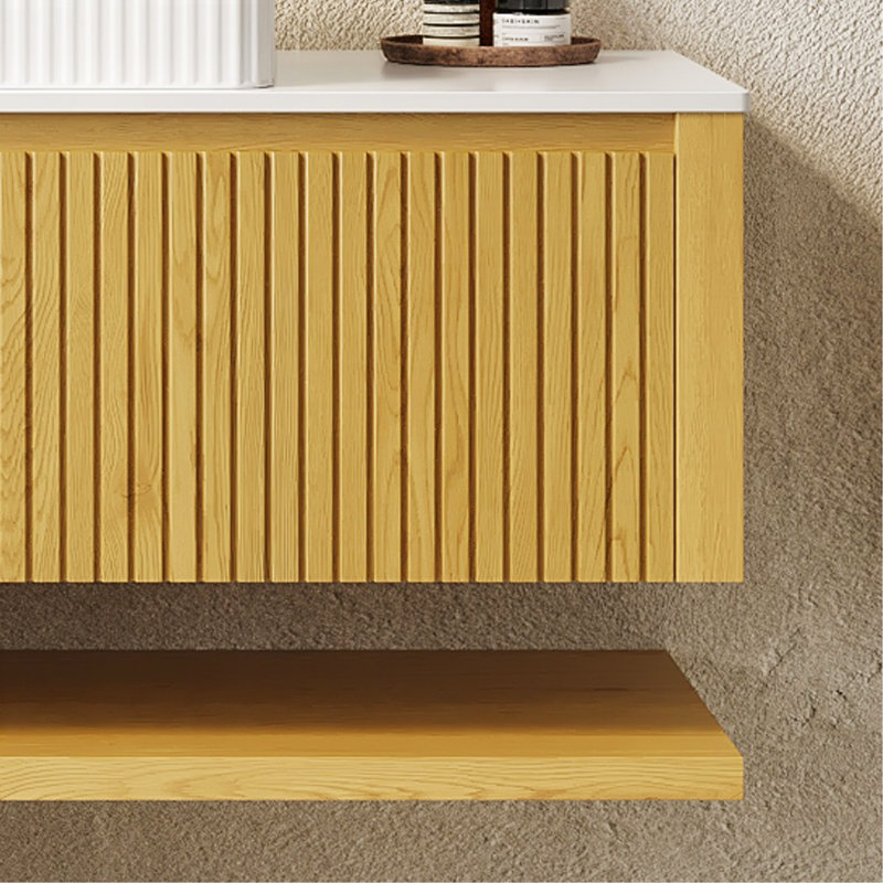 Armoire de rangement murale 48 po en corail de grain de bois avec tiroir et tablette, comptoir en pierre frittée blanche