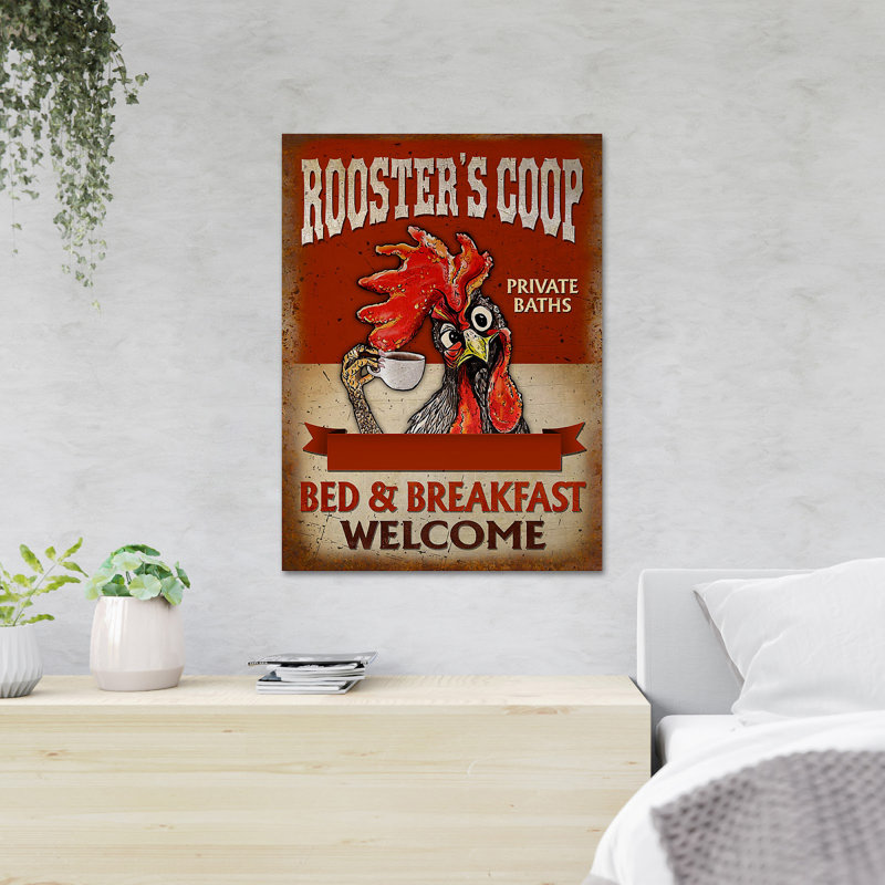 Un coq tenant une tasse de café - Coq, salle de bain privée, lit et petit-déjeuner - 1 reproduction d'art graphique sur toile tendue