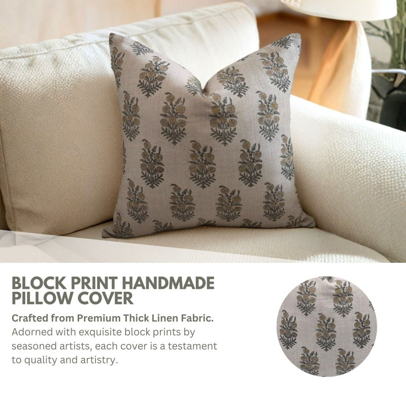 Block Print Throw Pillow Cover, 8 Thick Linen Decorative Cushion Cover, 20" x 20"