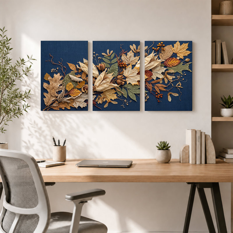 Érable séché et feuilles de chêne avec gousses sur fond bleu marine, ensemble de 3 toiles, H 36 po x l 24 po x 3 pièces
