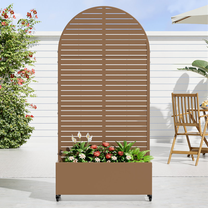 Arch Metal Planter Box with Trellis with Wheels, 72" H x 35" W x 16" D, Brown