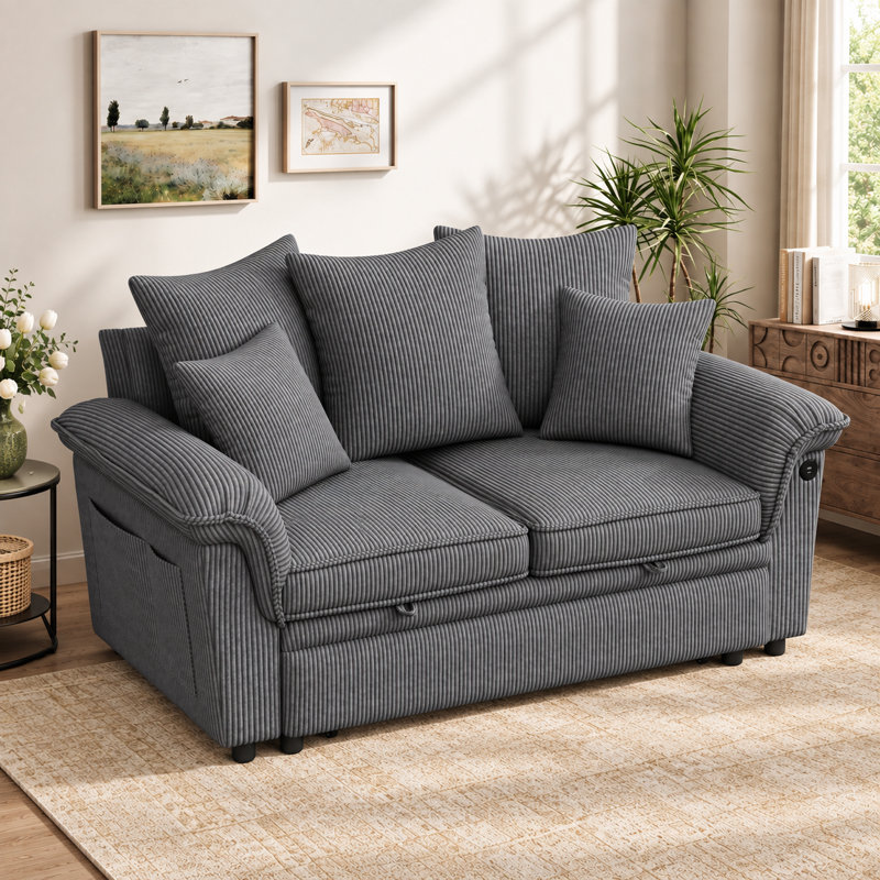   Canapé-lit escamotable modulaire rembourré avec recharge USB et poches latérales Felipe, H 37,5 po x l 62 po x P 56 po