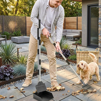 3-Piece Pooper Scooper Set, Tray, Rake & Spade with Adjustable Long Handle & Bin, No-Bend Cleanup for Large & Small Dogs