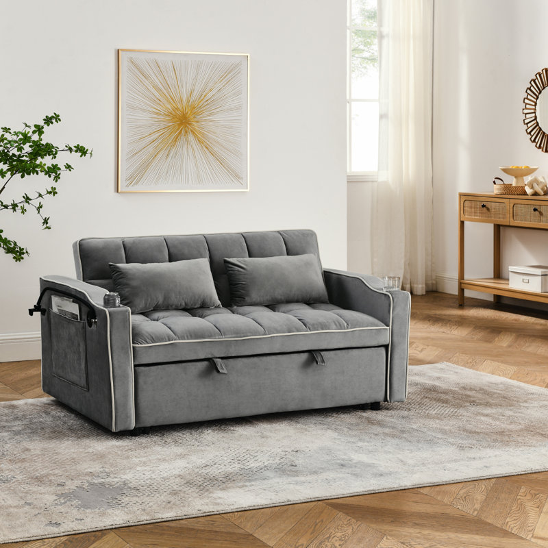 Lit escamotable en velours, dossier réglable et avec port USB, Gris