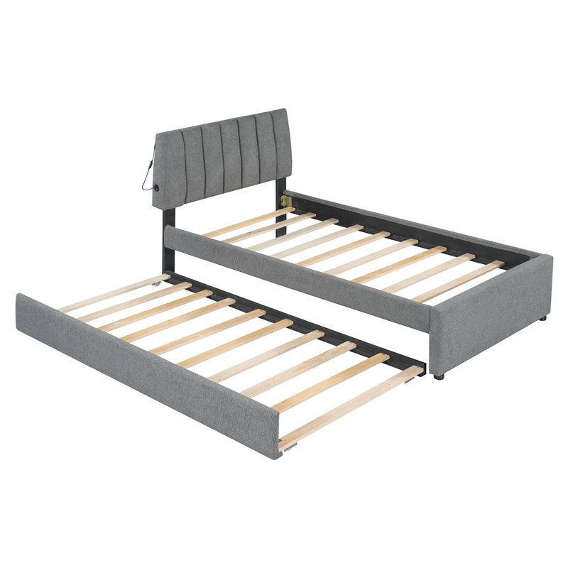 Lit plateforme tapissier avec gigogne Teddy, Grey, Twin