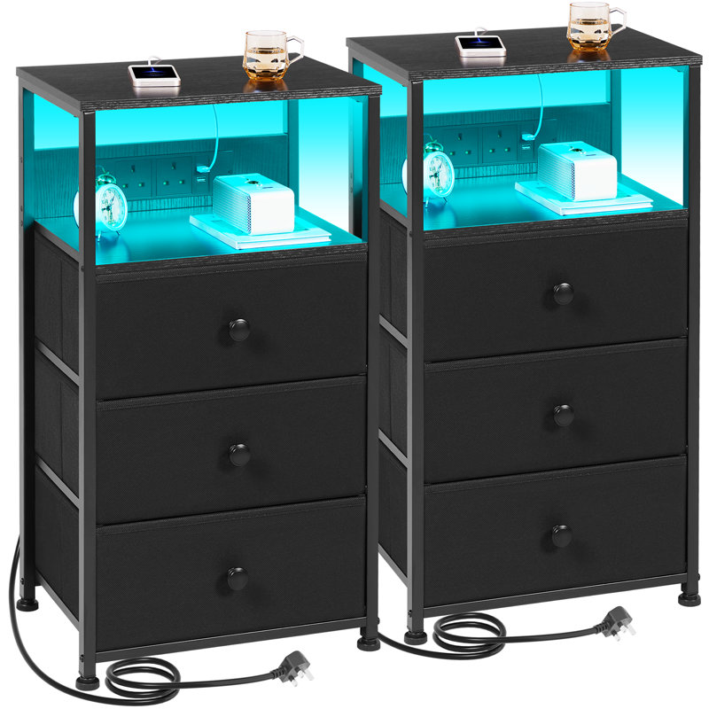 Night Stand Set 2, Led Nightstand With Charging Station, End Tables With Storage Shelf, Bed Side Table With 3 Fabric Drawers For Bedroom, Small Spaces