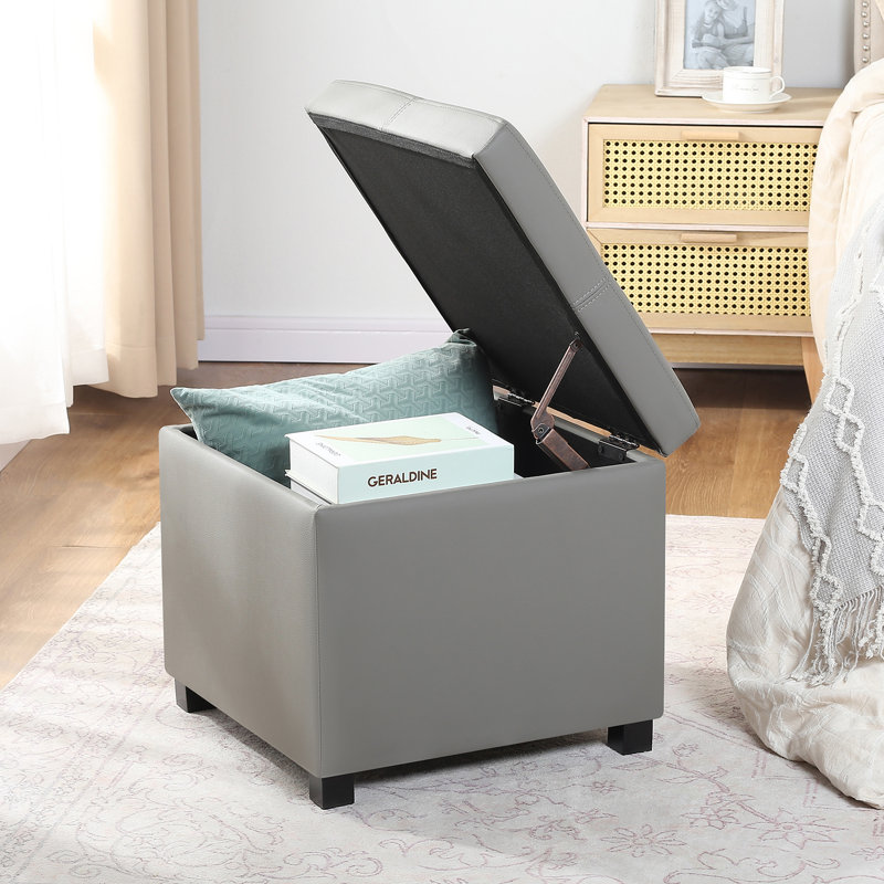 17.3" Square Faux Leather Storage Ottoman, Gray