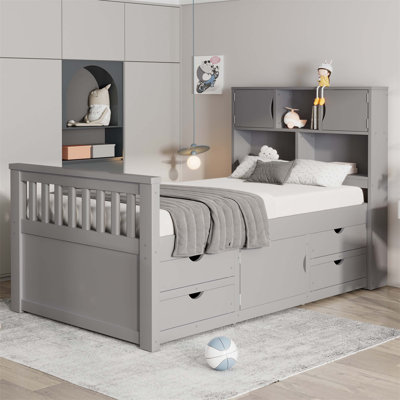 Twin Size Wooden Captain Platform Bed Frame with Storage, Bookcases, Shelves, and Four Drawers in Gray