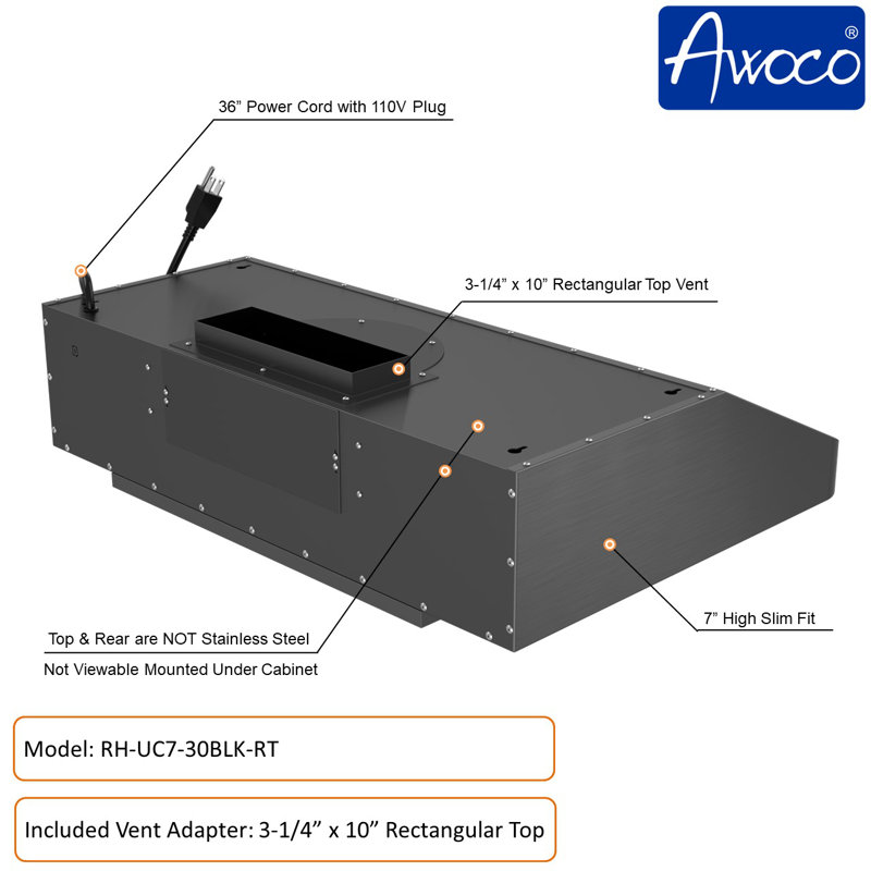 Awoco 30" Stainless Steel 900 CFM Ducted (Vented) Under Cabinet Range Hood with Baffle Filter