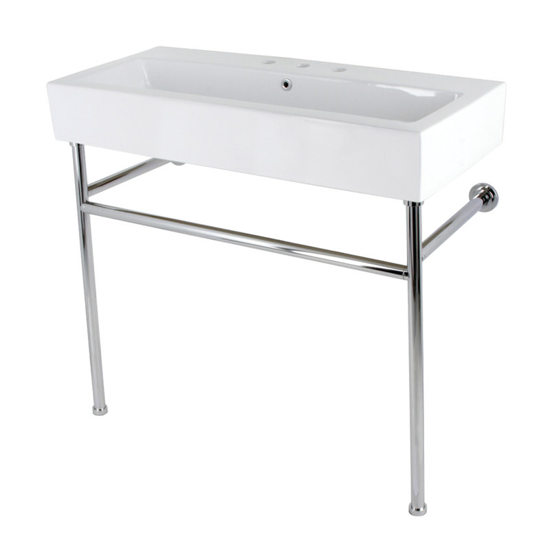 Kingston Brass New Haven 39-Inch Porcelain Console Sink with Stainless Steel Legs (8-Inch, 3-Hole), Polished Chrome