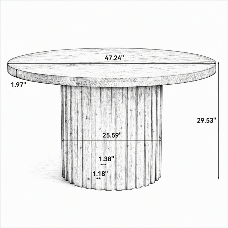 47" Round Solid Wood Dining Table for 4, Farmhouse Kitchen Table with Fluted Pedestal Base
