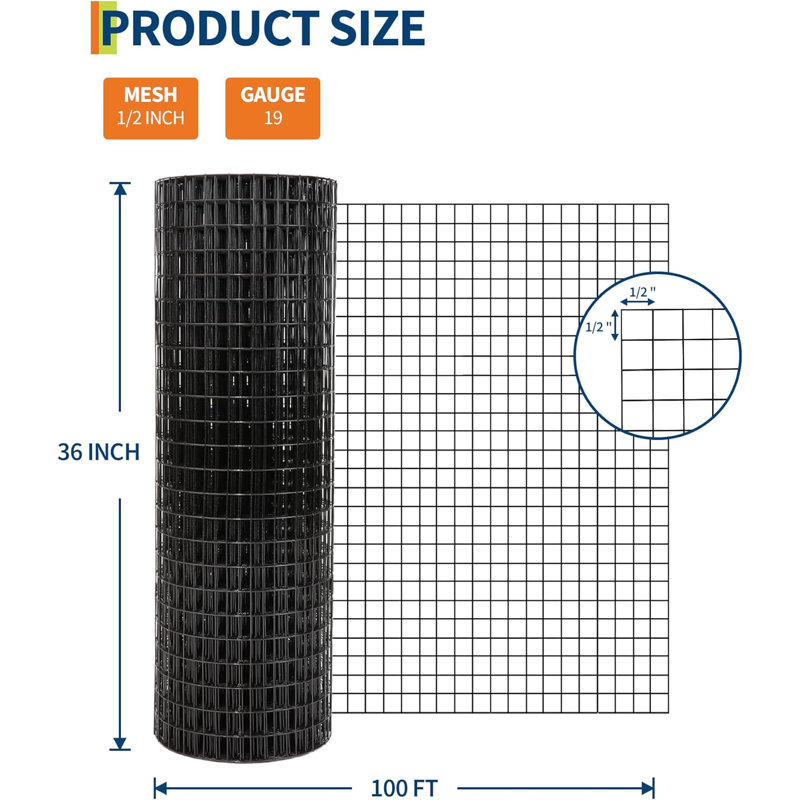 Hex Wire Fence Roll - Filet galvanisé résistant aux animaux, H 100 po x l 36 po x P 0,39 po, Noir