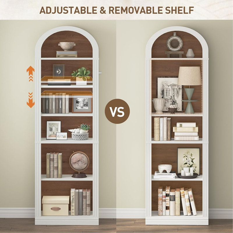 Bibliothèque étroite de 75,8 po de hauteur avec tablettes ouvertes, bibliothèque arquée avec rangement, bibliothèque de style maison de campagne à 6 niveaux avec tablette réglable