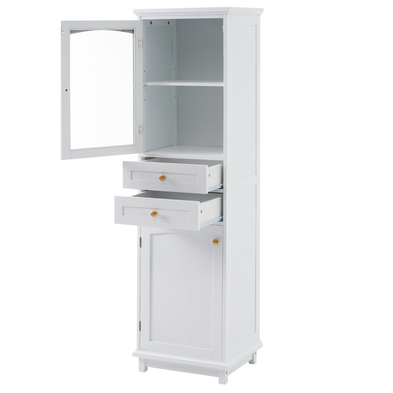 63" Tall Bathroom Storage Cabinet With Glass Doors, White