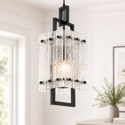 Modern Single Dimmable Matte Black Chandelier, Over Kitchen Island Hanging Water Ripple Glass Square Pendant Lighting  Fixtures For Kitchen Dining Room Hallway Foyer
