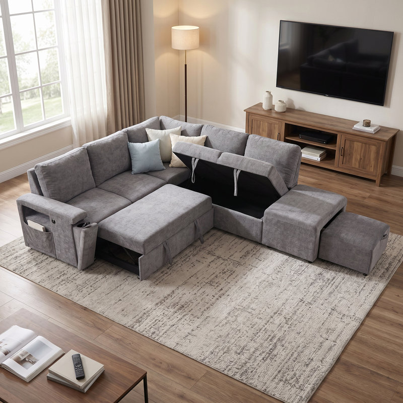Canapé-lit modulaire en polyester 90,6 po en forme de L gris, Polyester gris