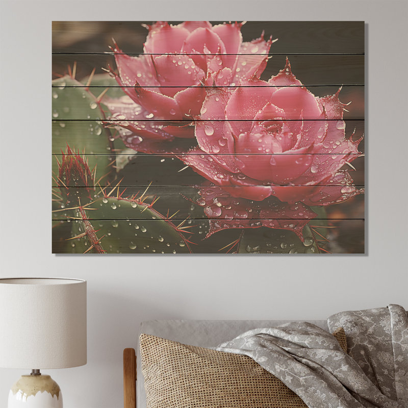 Fleurs de cactus roses - cactus floral sur bois, H 24 po x l 32 po