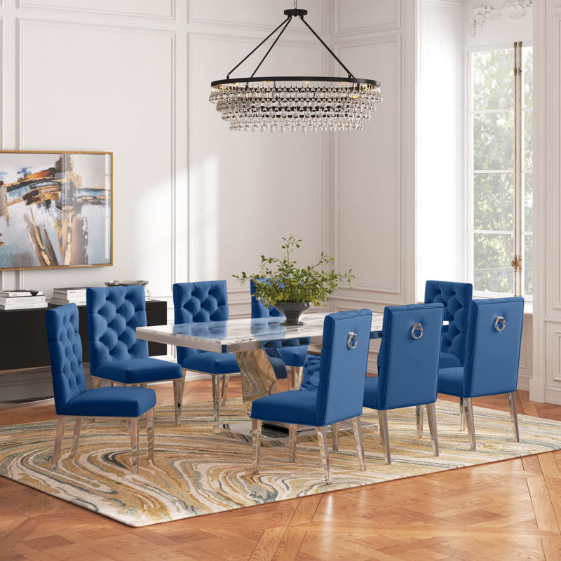 Bernadette 9-Piece Velvet Upholstered Dining Set, Navy Blue