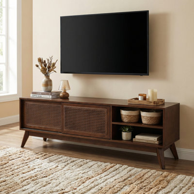 59" Mid Century Modern Rattan Tv Stand For 65 Inch Tvs, Media Console With Solid Wood Legs & Rattan Doors For Living Room - Walnut