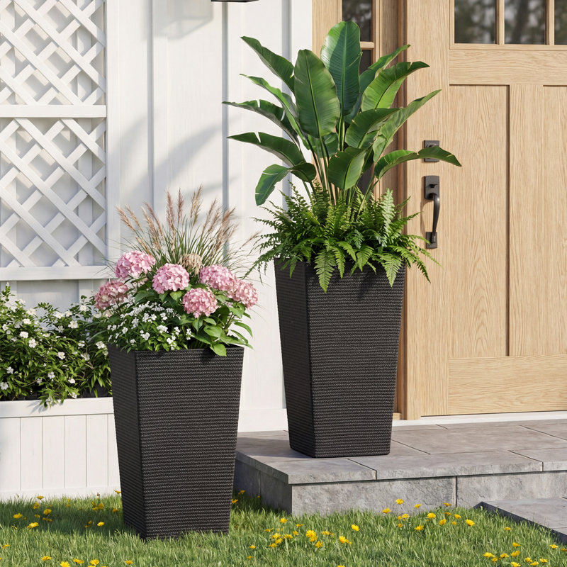 27.2-Inch Tall PE Tapered Planter Pots with Woven Texture, Black