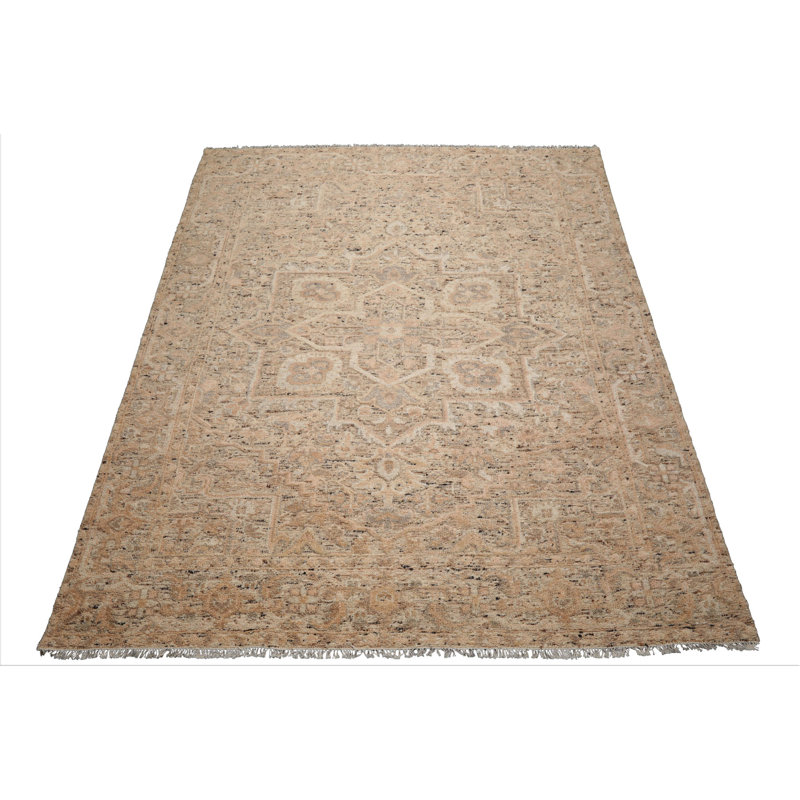 Tapis géométrique en laine noué à la main 9 x 12 brun clair / beige Oushak