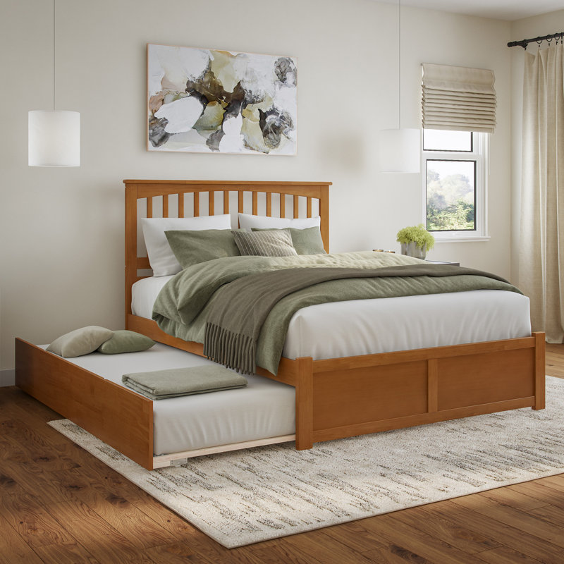 Mission Solid Wood Platform Bed with Panel Footboard and Roll Out Trundle, Queen