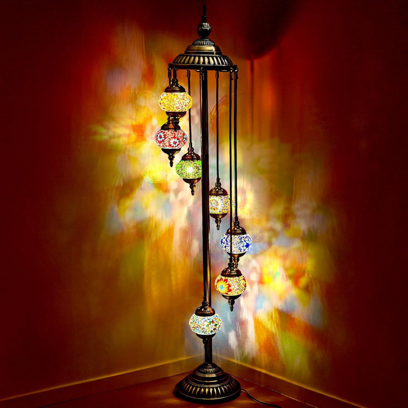 Handmade Turkish Moroccan Floor Lamp With 7 Globe Design, Bohemian Style Decorative Lighting For Home Decor