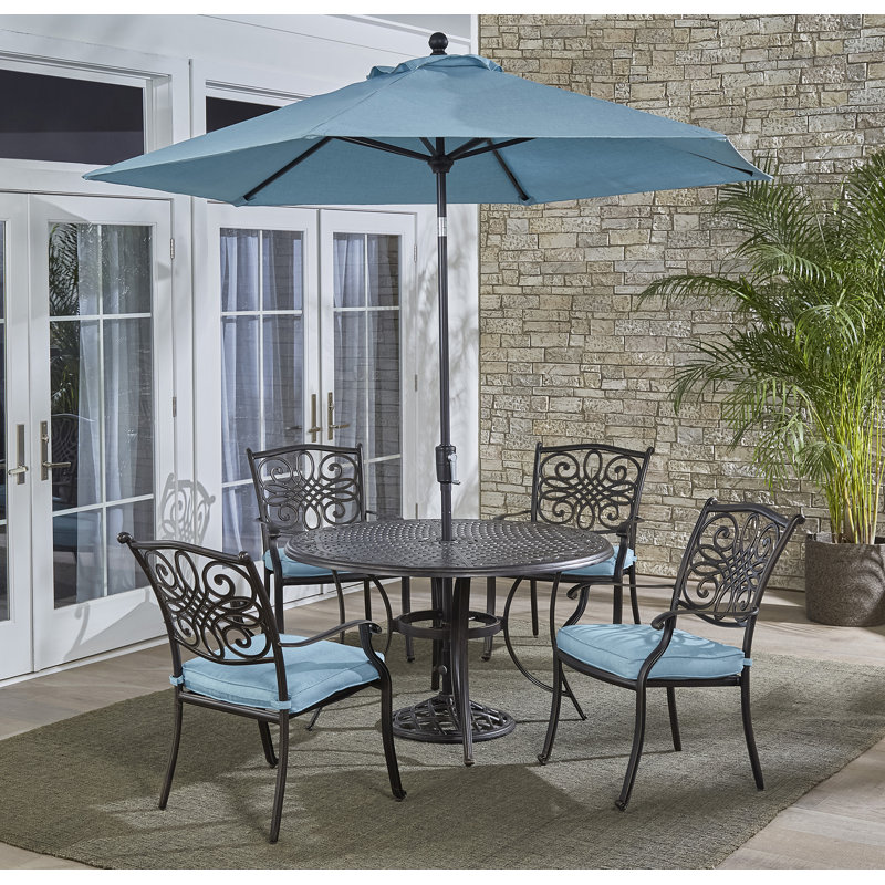 Carleton 5 Piece Bold & Eclectic Modern Dining Set with Cushions and Umbrella