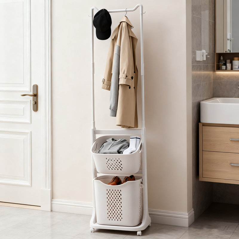 Plastic Rolling Laundry Hamper Sorter With Basket,hanging Bar And Wheels