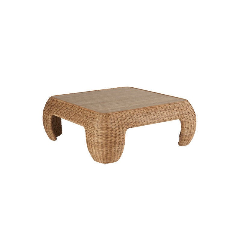 Natural Rattan Square Coffee Table with Travertine Top
