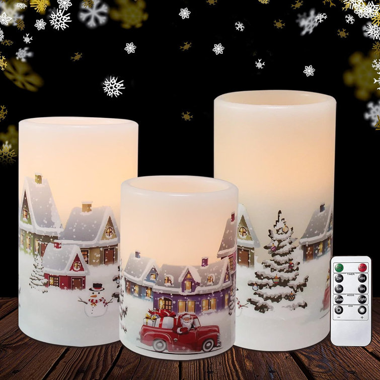 FLAMELESS LED CHRISTMAS SCENE REAL WAX PILLAR CANDLE 4 SCENES AVAIL. GREAT  GIFT!