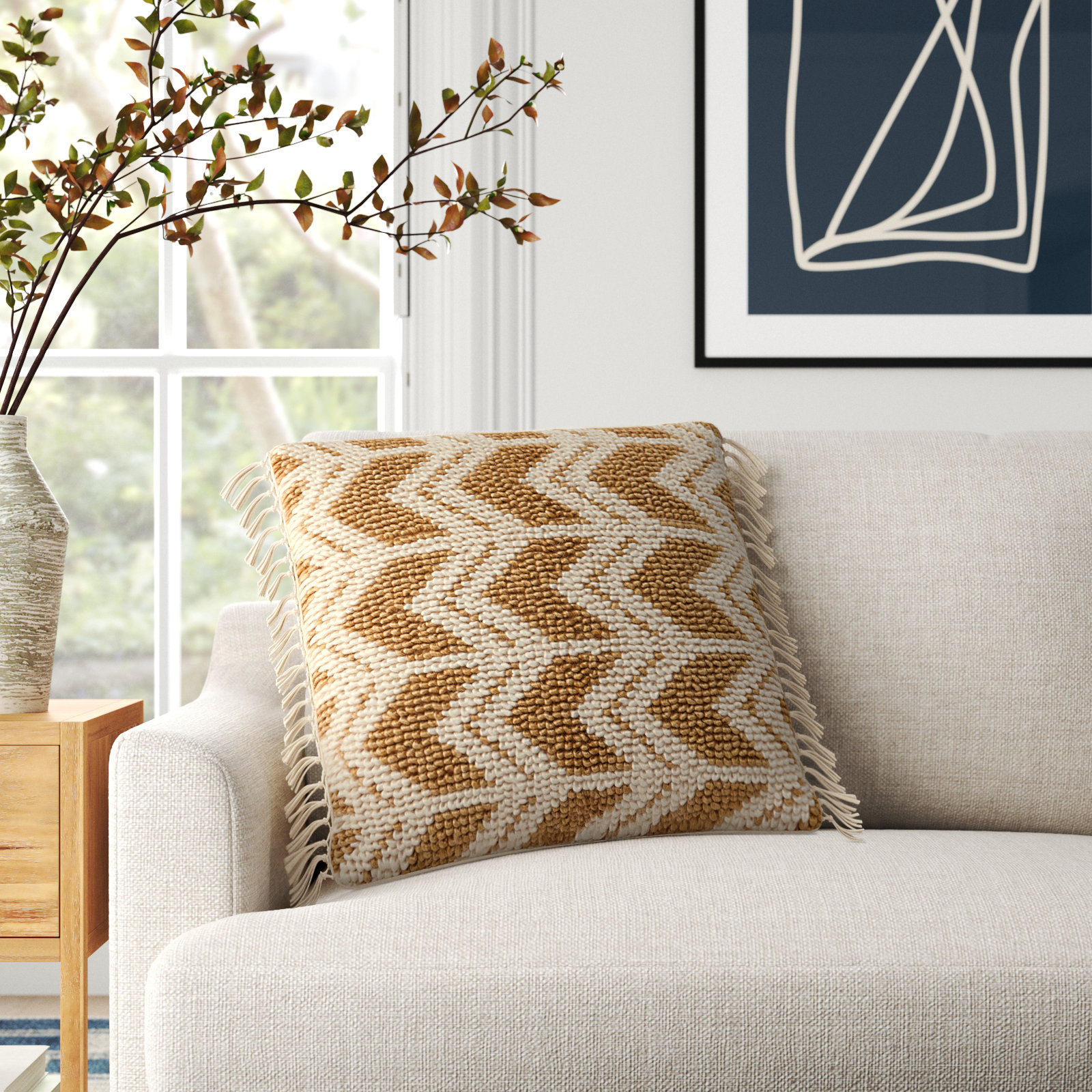 Oakleaf Chevron Throw Pillow, Gold/Ivory, Down