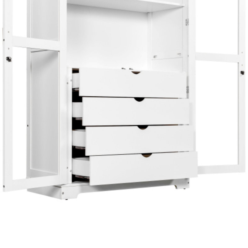 44.7" Freestanding Kitchen Pantry Cabinet - Glass Door Display Storage With 4 Built-In Drawers, White