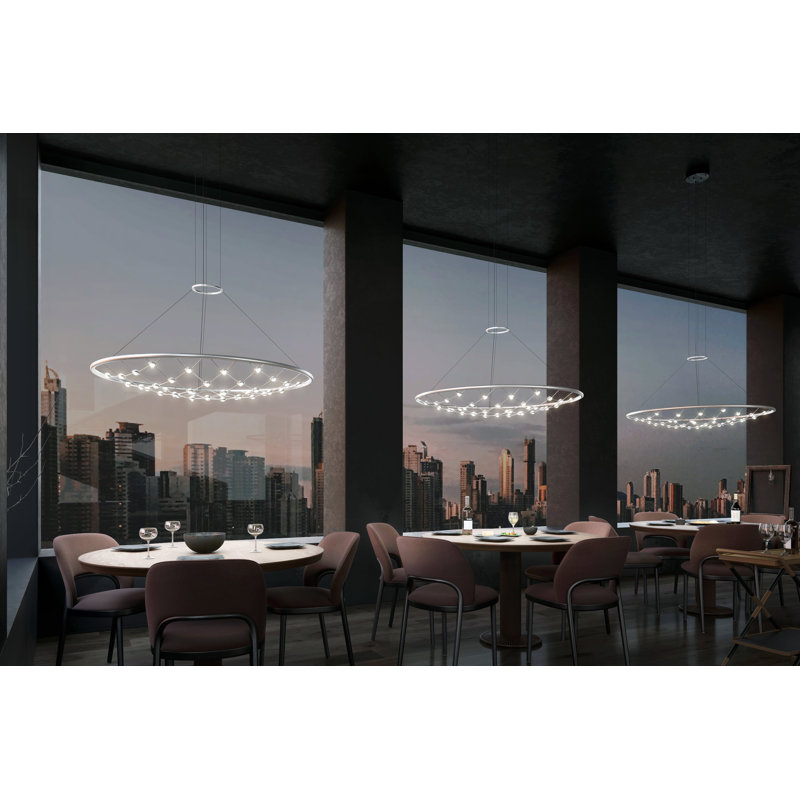 Constellation Galaxy Matrix Round LED Pendant W/ 20" Cord/Cable - Bright Satin Aluminum, 12" H x 37.75" W x 37.75" D