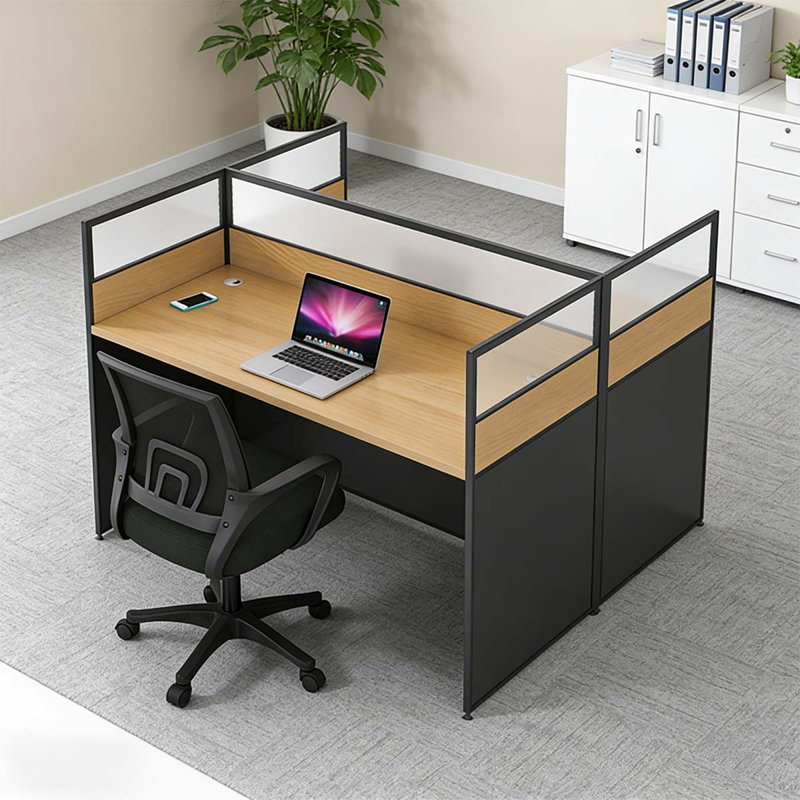 Bureau rectangulaire pour 2 personnes, poste de travail avec banc et câble