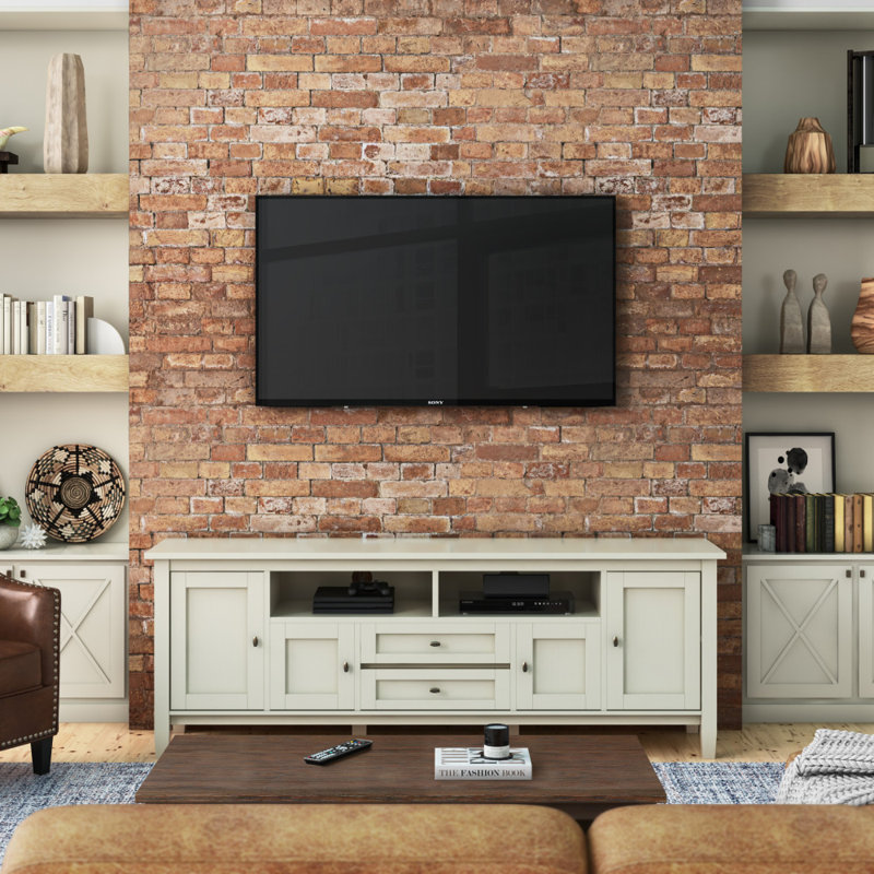 Warm Shaker 72"W Solid Wood Transitional TV Stand for TVs up to 80" with 4 Cabinets, 1 Drawer, and Flip-Down Compartment