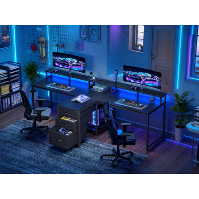 Bureau d'ordinateur 94 pouces pour deux personnes avec prise de courant, éclairage DEL, support pour écran, tiroirs en tissu, classeur et tablettes de rangement pour le bureau à domicile et le bureau