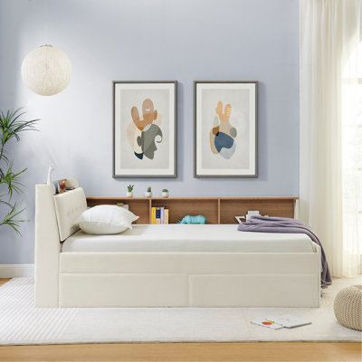 Twin Size Upholstery Velvet Day Bed With Storage Headboard And Wireless Charging, Multi-Functional Daybed With Two Storage Drawers & LED Lights
