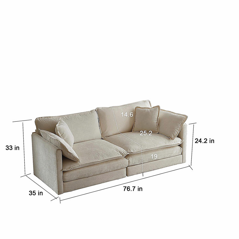 Canapé en chenille deux places avec repose-pieds, canapé modulaire en L avec repose-pieds 2 places, causeuse avec repose-pieds pour petit espace de vie, chenille beige