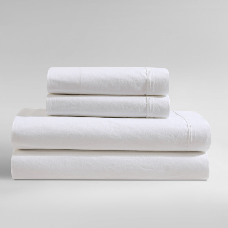 Calvin Klein Washed Cotton Percale Sheet Set, White, King Sheet Set with 2 Pillowcases