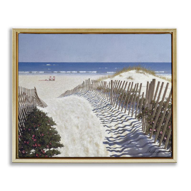 Art mural sur toile, "Chemin clôturé à la plage" par Zhen-Huan Lu, H 17 po x l 21 po, Cadre flottant métallique doré