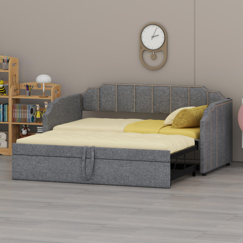 Lit-salon multifonctionnel avec rangement pour lit gigogne caché et ports de chargement pour appareils intégrés, Gris