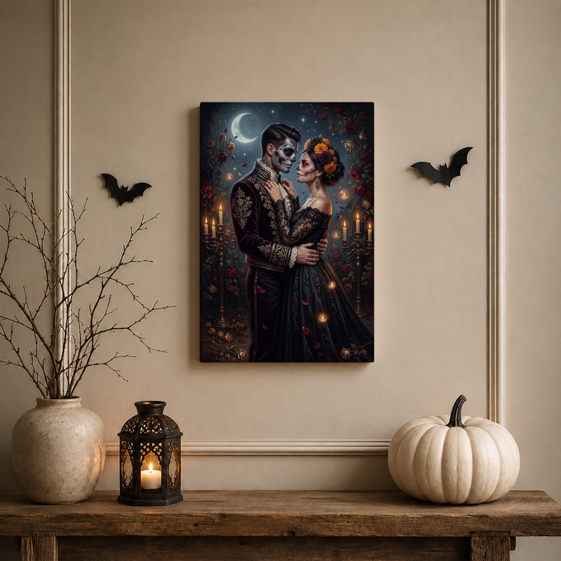 «Sugar Skull Couple Embraces in Candlelit Roses», art mural sur toile, H 18 po x l 12 po