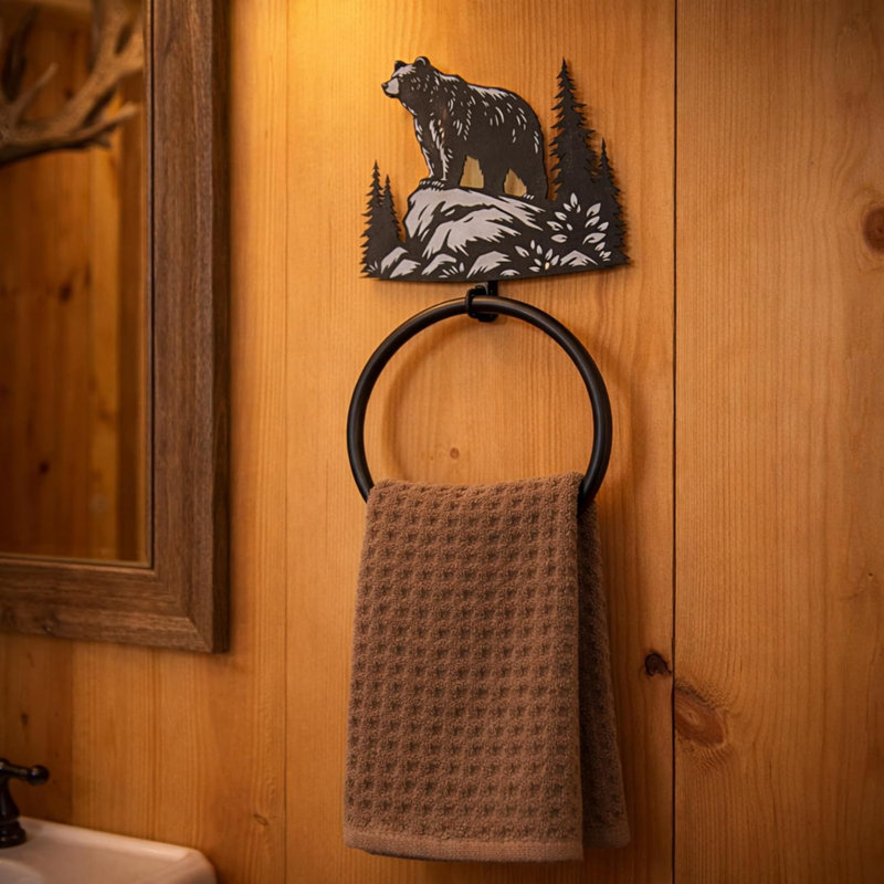 Anneau à serviette en métal fixé au mur avec silhouette d'ours noir, décor de chalet rustique noir mat