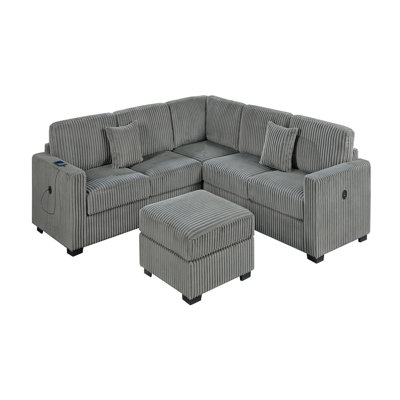 Living Room Corduroy Upholstered 4pc Sectional Set RAF/LAF One-Arm Loveseat W/USB, Corner Wedge, Cocktail Ottoman Cushion Couch