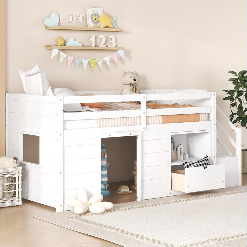 Twin Size Low Loft Bed Solid Pine Construction White-Toned With Built-In Stairs, Drawer And Shelf Storage