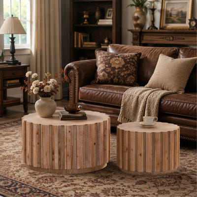 Ensemble de 2 tables basses gigognes rondes 19,7 "+ 27,5", tables d'appoint en bois de noyer avec lattes verticales, tables d'appoint rustiques de style campagnard pour le salon