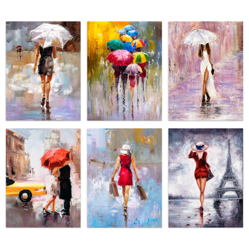 Rainy Days Oil Painting Paris New York Amsterdam London 6-Piece Set Unframed Wall Art Prints Living Room Bedroom Aesthetic Umbrella